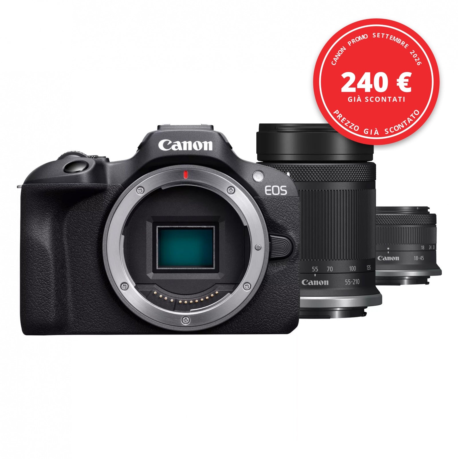 Canon EOS R100 kit RF-S 18-45mm IS STM + RF-S 55-210mm f/5-7.1 IS STM — Canon Promo Settembre 2026