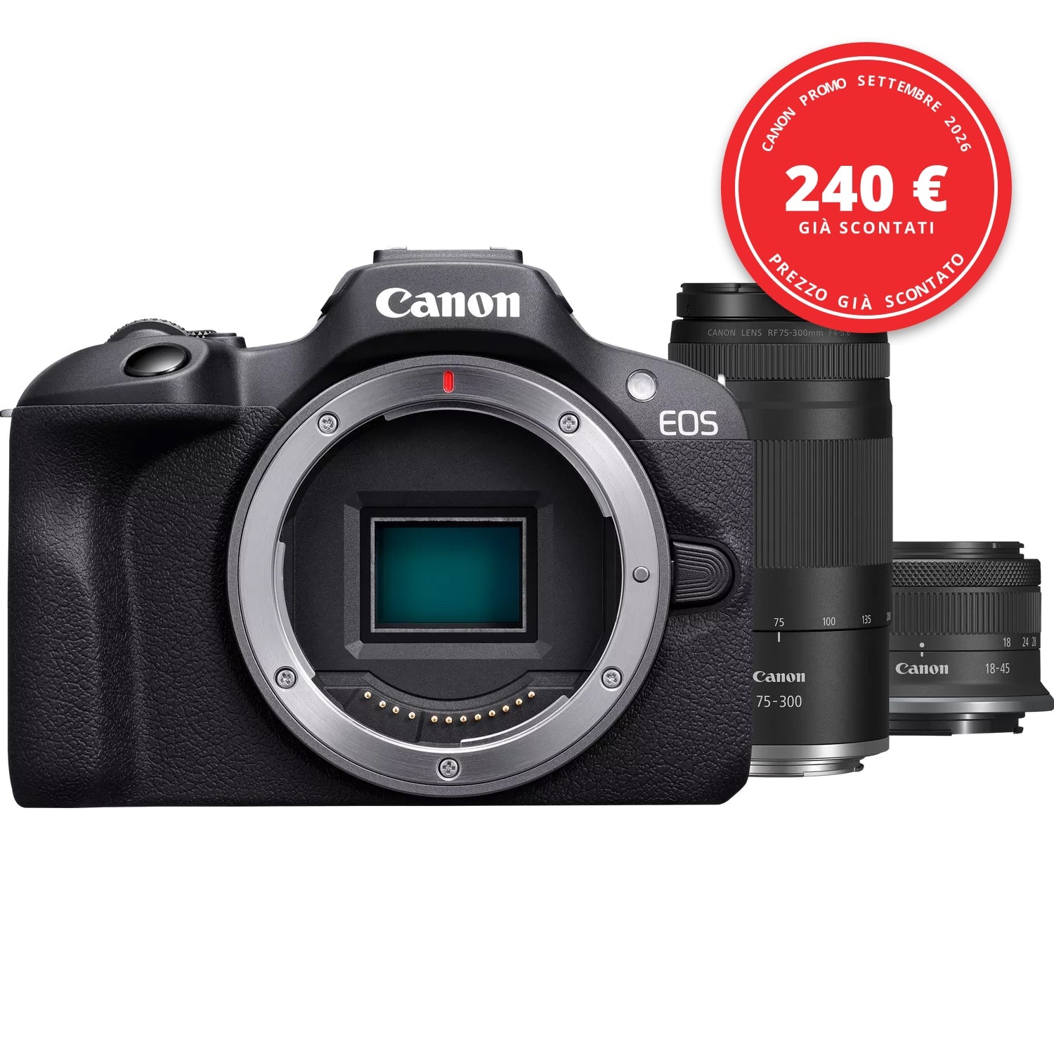 Canon EOS R100 doppio kit 18-45 + 75-300mm RF — Canon Promo Settembre 2026