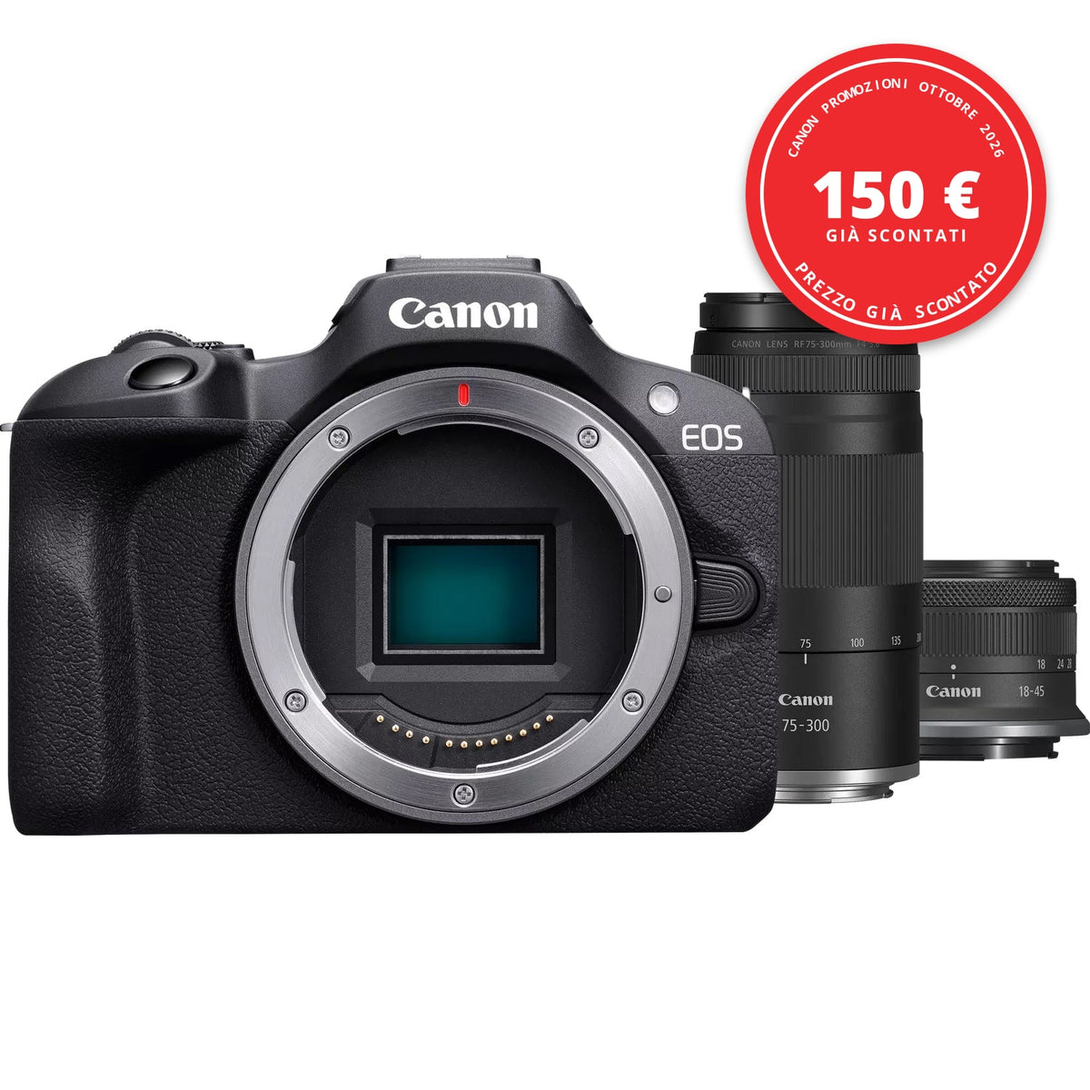 Canon EOS R100 doppio kit 18-45 + 75-300mm RF — Canon promozioni ottobre 2026